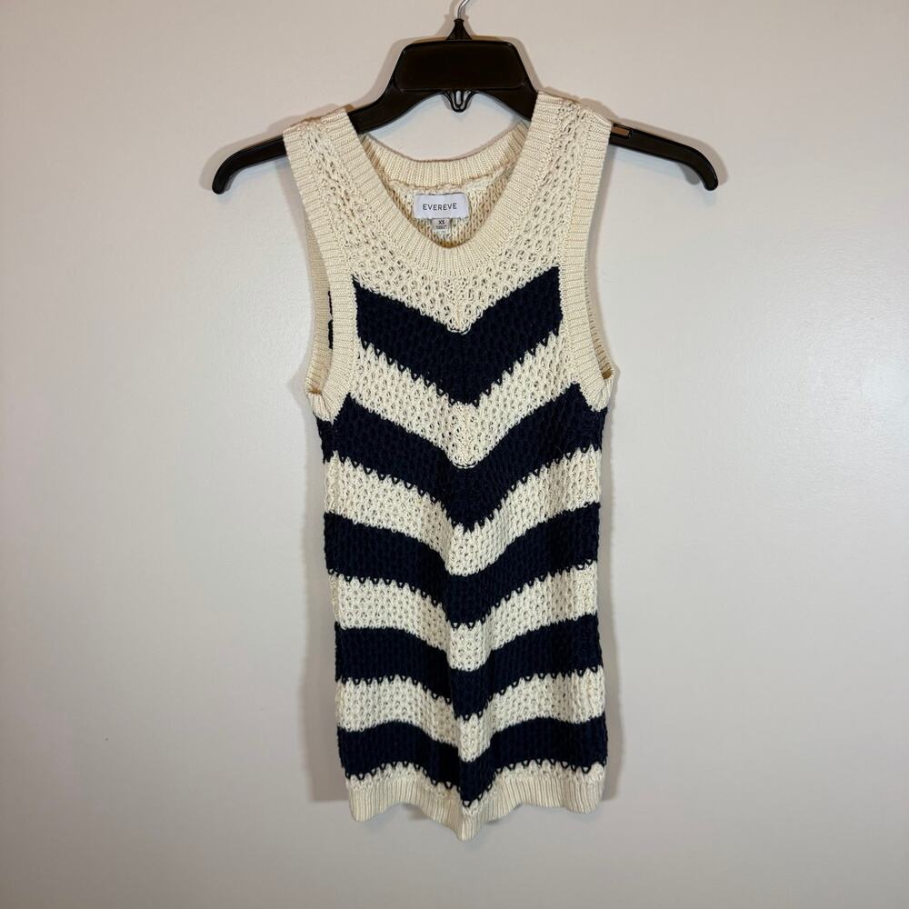Evereve Cream Navy Chevron Knit Sleeveless Sweater Tank Womens XS 100% Cotton
